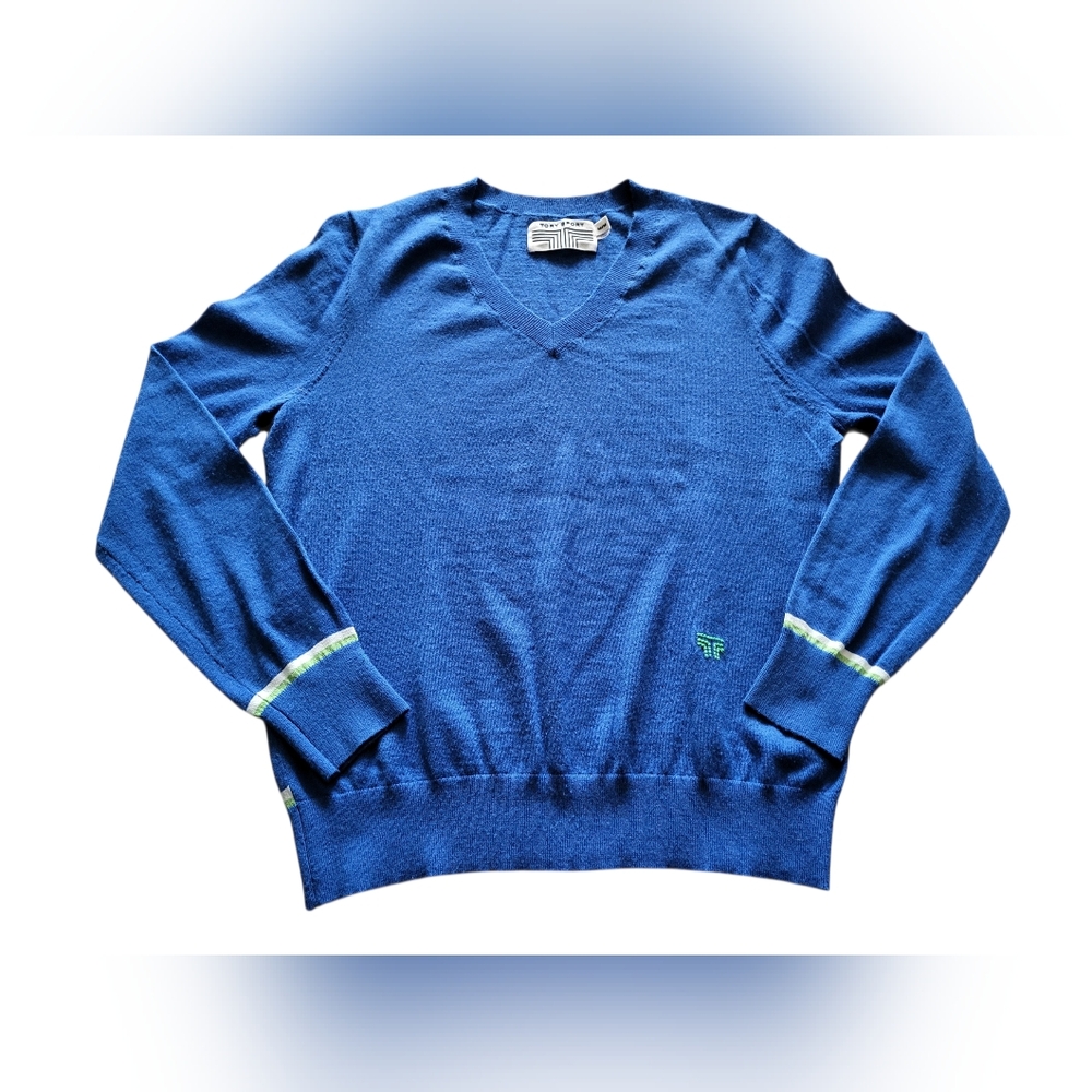 Pre-owned Tory Burch Sport performance merino Blend Blue v-neck sweater Size M